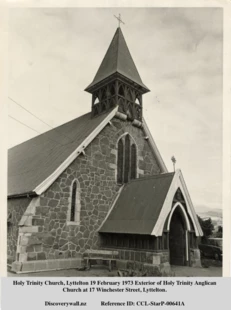 black and white image of Holy trinity stone church in Lyttelton 